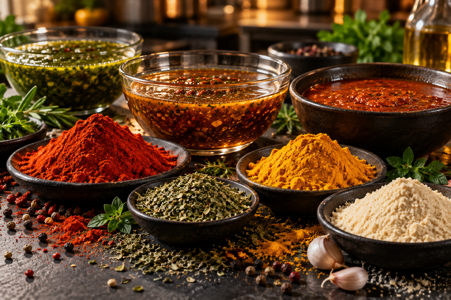 Tas d’épices et marinades liquides présentées dans des saladiers
